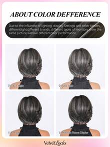 [Velvet Locks] Soft Heat-Resistant Layered Straight Side Part Bob Gray Highlights 12-Inch Synthetic Wig For Women For Elegant Daily Party - 挑染灰色 - 查看 7