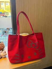 SANRIO حقيبة قماشية بطبعة قطة كرتونية لطيفة، حقيبة كتف نسائية بسعة كبيرة وكاجوال، حقيبة توت عصرية متعددة الاستخدامات - مشاهدة 14