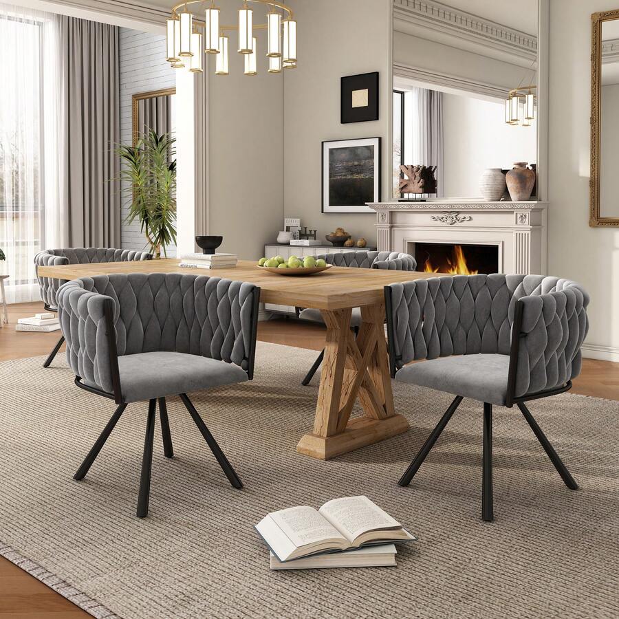 Dining Chair Set Grey Velvet Luxury - 4 Piece Set - 灰色 - 查看 1