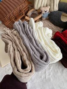 3/5 Pairs Random Women's Solid Color Ribbed Ruffle Edge High Elastic Warm Soft Knit Socks, Preppy Style, Suitable For Winter Daily Wear - Multicolor - View 7