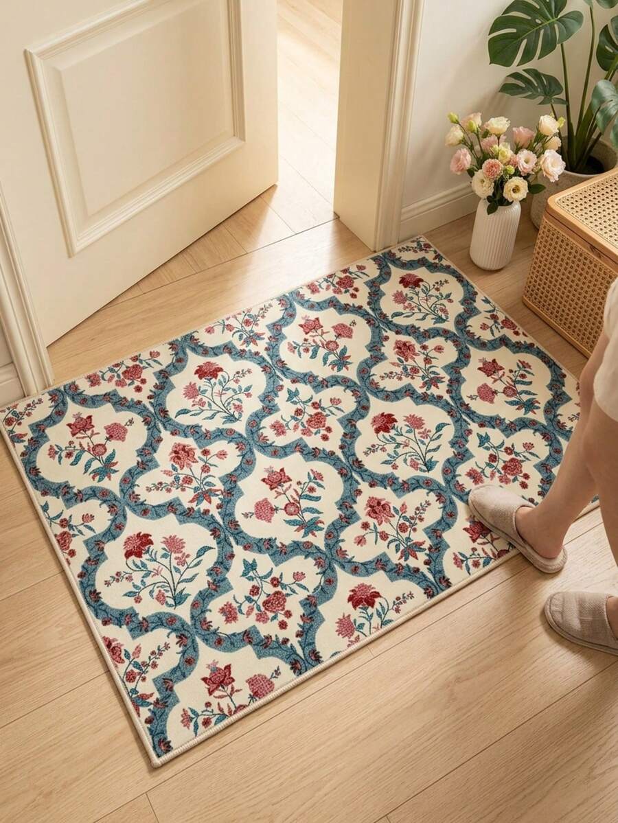 1pc Nordic Modern Fresh - French Romantic Aesthetic Floral Print Door Mat, Suitable For Bathroom, Kitchen, Entrance, Hallway, Bedside, Living Room, Bedroom, All-Season Machine Washable Soft Small Size Rug, Home Decor - Multicolor - View 1