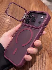 奢華半透明磨砂壓克力磁吸支架酒紅色手機殼，適用於 iPhone 18 Pro Max、17 Pro Max、Air、16、15、14、13、12、11 Pro Max Plus，支援磁吸無線充電，16 Pro 機殼，親膚手感金屬鏡頭環防震保護套 - 櫻桃紅色 - 查看 3