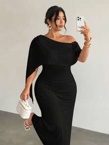 Invitada de Boda Elegante de Verano Blanco Talla para Mujer, Fruncido con Dobladillo Asimétrico Transparente Manga Larga Elástica de un Hombro Marfil Crema Conjunto de Primavera - Negro - Ver 1