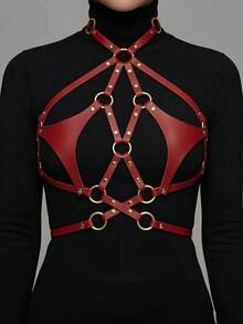 1pc Women's Punk Style Red Sexy V-Shape Double Triangle Bondage Bustier Corset Halter Neck Collar Leather Harness Suitable For Carnival Party Or Bar Performance Costume - Red - View 1