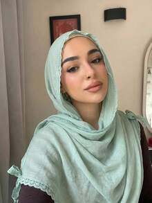 1pc Lace Bow Cotton Linen Hijab, Lightweight Breathable Lace Edge Muslim Headscarf, Solid Color Soft Shawl For Daily Prayer Modest Wear - Multicolor - View 6