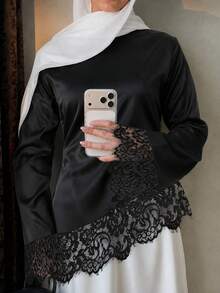 Women's Elegant Satin Long Sleeve Round Neck Top, Graceful Lace Patchwork Cuffs And Hem, Dubai Style Islamic Muslim Casual Wear, Autumn/Winter - Black - View 5