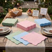 20/40/60Pcs,Macaron Solid Color Scalloped Edge Disposable Cocktail Napkins,2‑Ply Plain Morandi Pastel Serviettes In Light Green,Pink & Light Blue,Minimalist Table Decor Tissues,Ideal For BabyShower,Birthday Party,Wedding,Afternoon Tea,Picnic - Multicolor - View 5