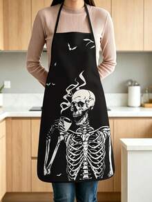 4pcs Drinking Coffee Skeleton Print Apron, Gothic Black Bat Pattern Adjustable Cooking Apron, Funny Halloween Kitchen Decor - Multicolor - View 10