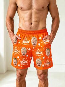 1pc Men's Customized Face Pattern & "Best Dad Ever" Print Black Casual Shorts, Personalized Comfortable Shorts, Father's Day Gift Holiday Present - Orange - View 6