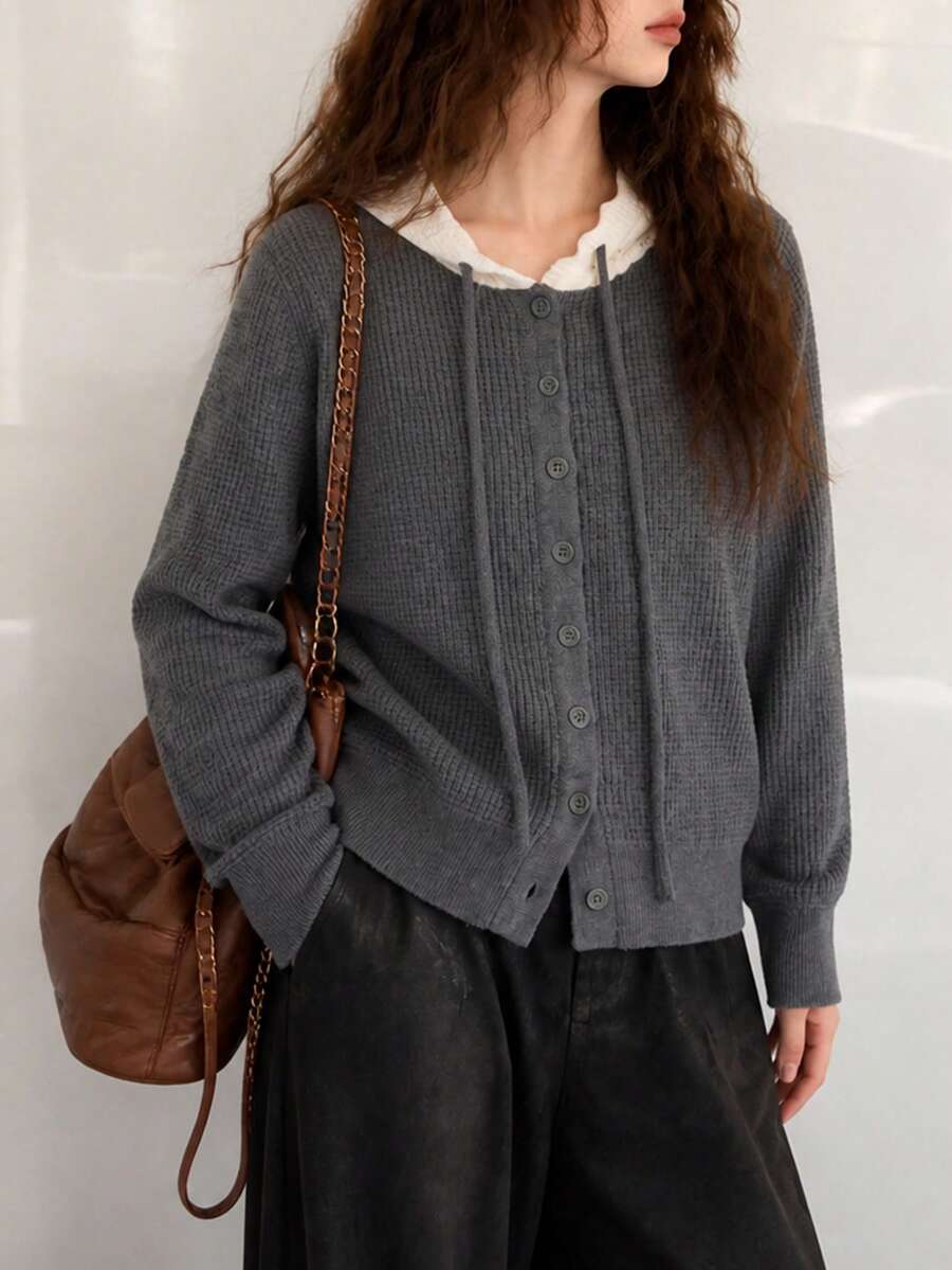 Sweater Cardigan Wanita Musim Gugur/Dingin Elegan Minimalis dengan Desain Blok Warna yang Menawan - Grey - View 1