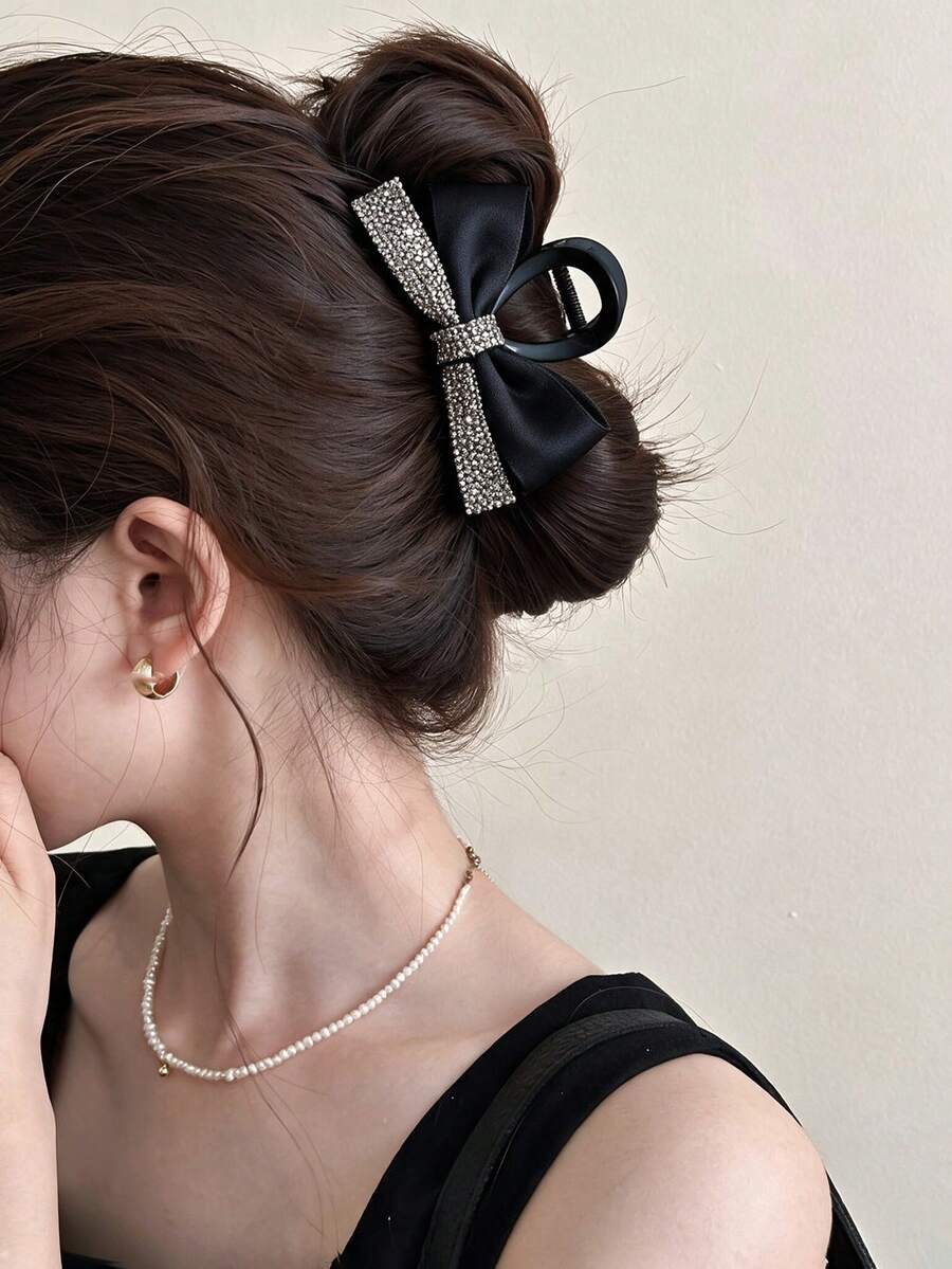 1件女款純色雙層蝴蝶結水鑽中號髮夾，百搭髮飾，適合日常/約會/通勤 - 彩色 - 查看 1