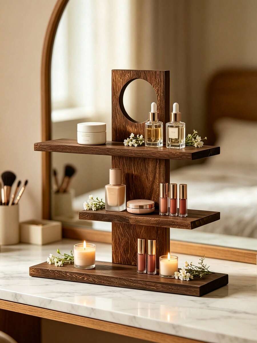 3-Tier Solid Wood Perfume Rack, Cosmetic Display Tray, Suitable For Home Decor, Jewelry Display, Cosmetic Storage And Ornament Placement, Also For Tea And Snacks, Kitchen Storage, Garden Tray