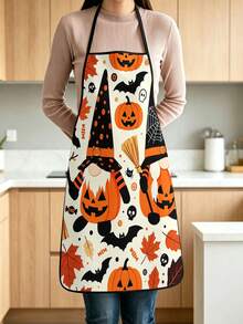 2pcs Halloween Gnome Pumpkin Print Apron, Cute Ghost Bat Spider Web Maple Leaf Pattern Adjustable Cooking Apron, Holiday Kitchen Decor Party Accessory - Multicolor - View 12