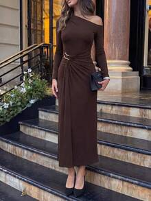 Yepolly-Pop Women's Elegant Brown Long Sleeve Dress, One Shoulder Ruched Gold Button Fitted Dress, Suitable For Wedding Guest, Cocktail Party, Back To School - Brown - View 9