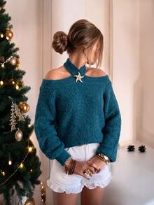 Women's Autumn/Winter Blue Criss-Cross Halter Neck Cold-Shoulder Knit Sweater, Long Sleeve Elegant French Casual Sexy Daily Wear Pullover - Blue - View 2