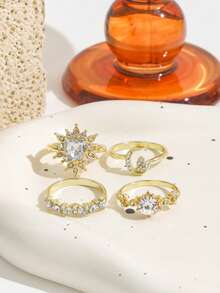 4 piezas Anillos vintage de oro con luna & corazón con strass, Anillo de girasol de oro con strass, Conjunto de anillos con elementos de corazón & luna totalmente con strass para mujeres - Dorado - Ver 2