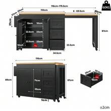Extendable Kitchen Island With Storage 116–179.5 Cm, Extendable Countertop Up To Max. 69.5 Cm, With 3 Drawers, Side Snack Shelves & Casters, White/Black - Black - View 5