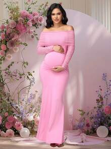 JustVH Pregnant Women's Ruched Mesh Open Shoulder Dress, Elegant Fitted Party Gown With Mermaid Hem Fall Pink - Pink - View 1