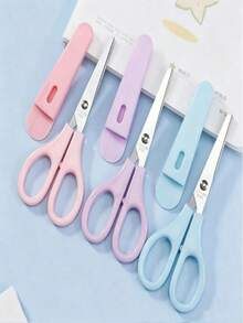 3-Color Stainless Steel Round Tip Scissors With Protective Cover, Pink, Purple And Light Blue Portable Multi-Function Scissors, Ergonomic Design, Suitable For Office, School, Home And Craft Projects, Can Cut Fabric, Paper And Metal Wire - Multicolor - View 3