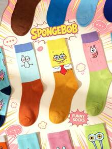 SpongeBob SquarePants 1/5/10雙襪子套組，多款卡通角色圖案中筒襪，聚酯纖維，中性款，趣味印花，適合日常穿著與送禮 - 彩色 - 查看 4