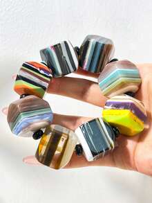 Bohemian Colorblock Striped Square Resin Elastic Bracelet, Vintage Multi-Layer Colorful Square Bead Exaggerated Bangle - Multicolor a - View 7
