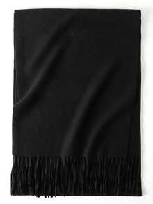 1pc Autumn/Winter Fashion Elegant Solid Color Wool Warm Pashmina Scarf, Unisex Casual Cold-Proof Tassel Shawl For Couples, Suitable For Daily Wear - Special Black - View 6