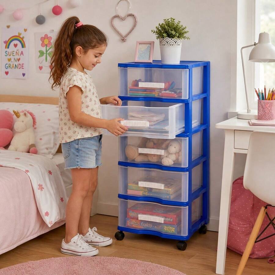 5-Tier Blue Plastic Storage Drawer Unit With Wheels Multipurpose Organizer With Transparent Drawers 83x37x39.5 Cm - 藍色 - 查看 1