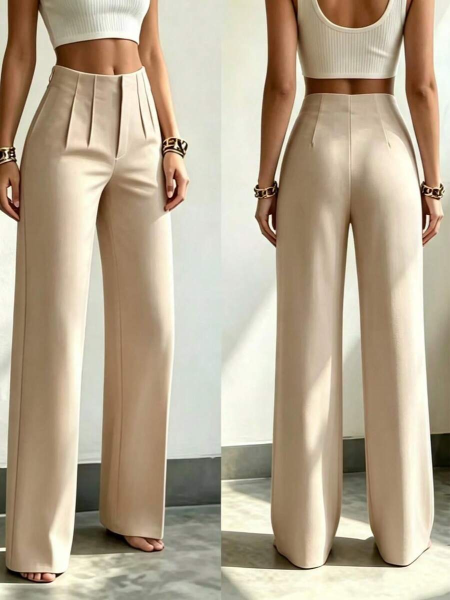 Women's Solid Color Wide Leg Straight Casual Pants, Versatile Business Commuter Trousers Spring