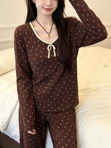 2pcs Women's Pajama Set, Pullover Round Neck Ditsy Floral Romantic Fashion Long Sleeve Long Pants, Comfortable For Home Wear - Brown - View 7