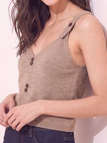 JIANHU Beige Adjustable Knit Camisole - Autumn/Winter V-Neck, With Wooden Buttons And Ribbed Trim | Thanksgiving Dinner And Christmas Layering Casual Summer - Khaki - View 4