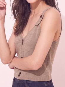 JIANHU Beige Adjustable Knit Camisole - Autumn/Winter V-Neck, With Wooden Buttons And Ribbed Trim | Thanksgiving Dinner And Christmas Layering Casual Summer - Khaki - View 5