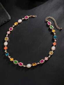 Minimalist Multi-Color Rhinestone Inlaid Hip Hop Cross Pendant Necklace, Suitable For Party, Streetwear And Holiday Wear - Multicolor - View 9