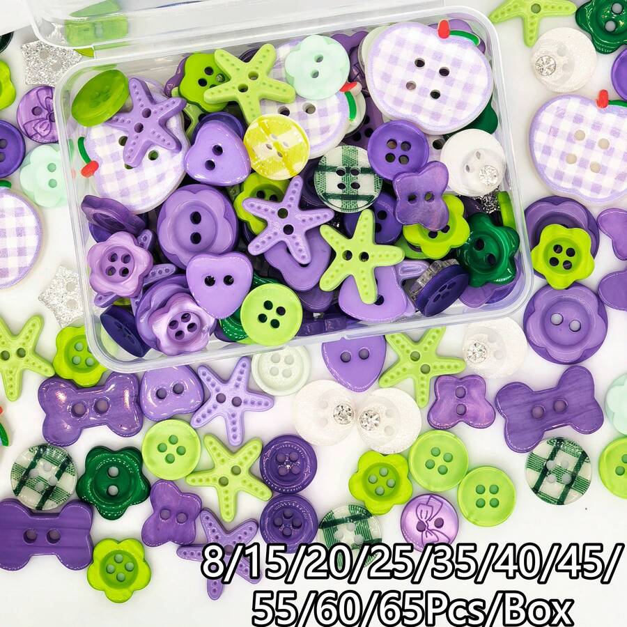 8/15/20/25/35/40/45/55/60/65Pcs/Box Purple Resin Buttons, Assorted Shapes Random Styles, Apple, Star, Flower, 2-Hole 4-Hole Sewing Buttons, Suitable For Clothing, Scrapbooking, Handmade DIY - Multiple Styles - View 1