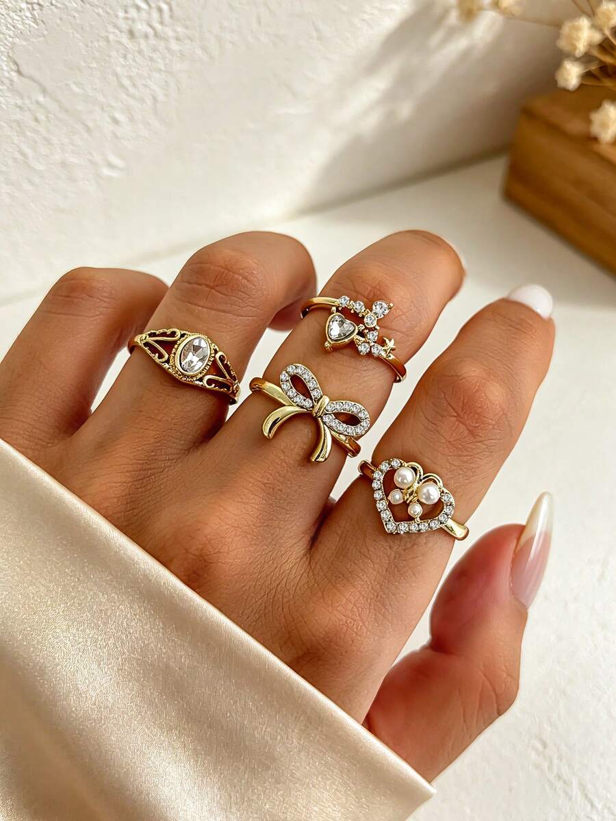 4件套甜美風3D蝴蝶結水鑽戒指,心形仿珍珠復古花卉圖案多元素戒指組,適合女性 - 金色 - 查看 1