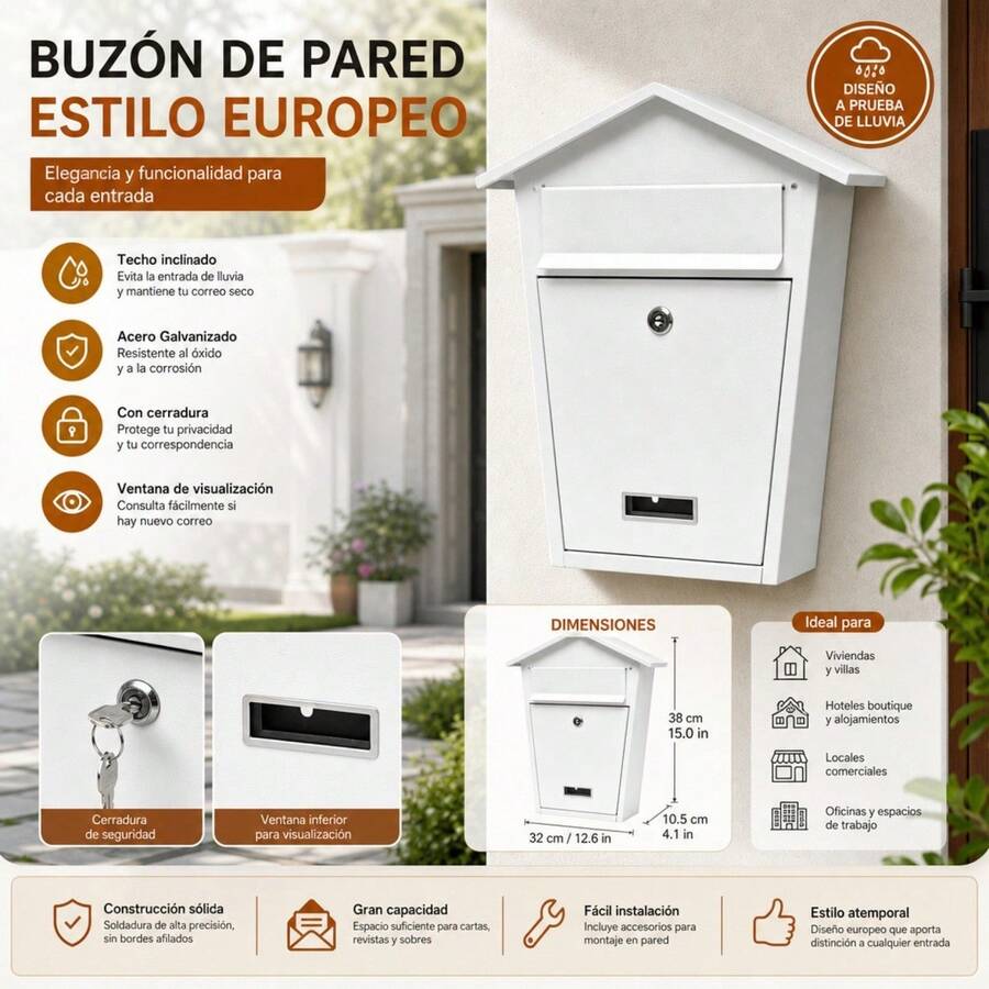 Wall-Mounted Galvanized Steel Mailbox With Security Lock And Slanted Roof, European Style Metal Post Box For A4 Letters, 32x10.5x38cm - A - 查看 1
