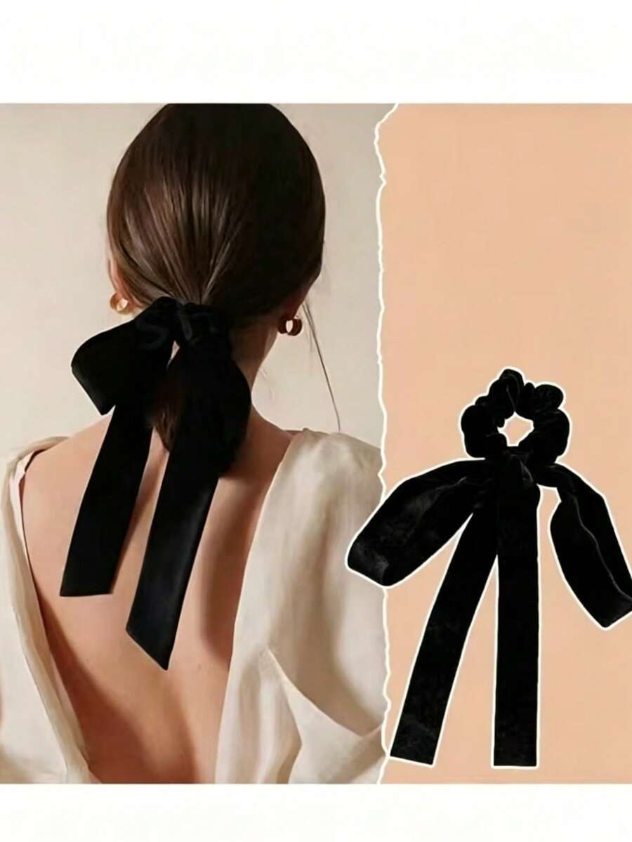 1pc New Celebrity Style Extra Long Black Velvet Headband, Vintage Influencer Bowknot Hair Accessory - Black - View 1