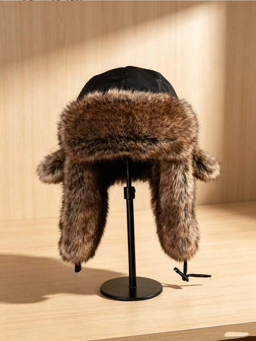 1pc Winter Velvet Lining Trapper Hat, Warm Polyester Cotton Waterproof Hunter Hat With Ear Flaps, Windproof And Cold-Resistant - Black - View 1