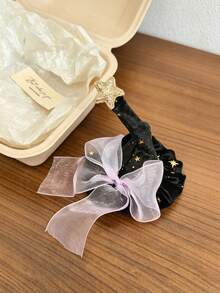 2件組可愛天鵝絨巫師帽髮夾，附透明蝴蝶結與亮粉星星巫師帽造型，Cosplay派對服裝髮飾 - 彩色 - 查看 4