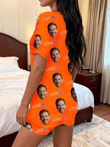 1pc Women's Custom Face & Text Pajama Set, Black With Personalized Face, LOVE And Pink Heart Prints, Soft Fabric, Casual Style, Ideal For Home Wear - Orange - View 3