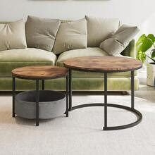 Set Of 2 Round Coffee Tables / Retro Wood Design Coffee Tables / Nesting Sofa Tables With Storage Bag / Metal Frame / Water Resistant, Scratch Resistant / Suitable For Small Living Rooms, Apartments, Family Lounges - 棕色 - 查看 1