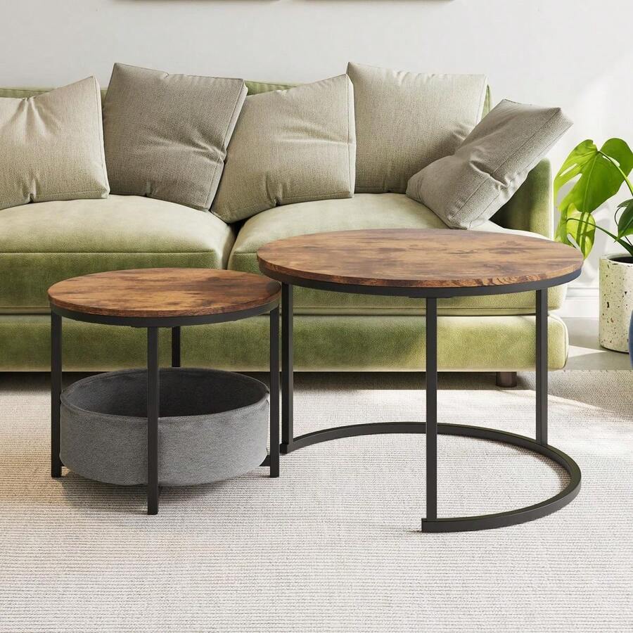 Set Of 2 Round Coffee Tables / Retro Wood Design Coffee Tables / Nesting Sofa Tables With Storage Bag / Metal Frame / Water Resistant, Scratch Resistant / Suitable For Small Living Rooms, Apartments, Family Lounges - 棕色 - 查看 1