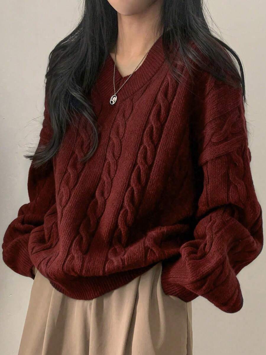 EAVA 女款極簡 V 領寬鬆針織毛衣,低調復古風,適合情人節紅色秋季穿搭 - 紅色 - 查看 1