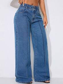 Low Waist Wide Leg Casual Blue Diagonal Pocket Curved Women's Jeans Fall - Blue Day - View 6