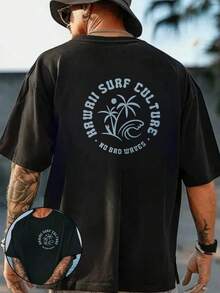 Camiseta con Estampado de la Cultura del Surf de Hawái,% Algodón, 180 g/², Cuello Redondo, Transpirable, Corte Regular, para Vacaciones de Verano en la Playa - Negro - Ver 1