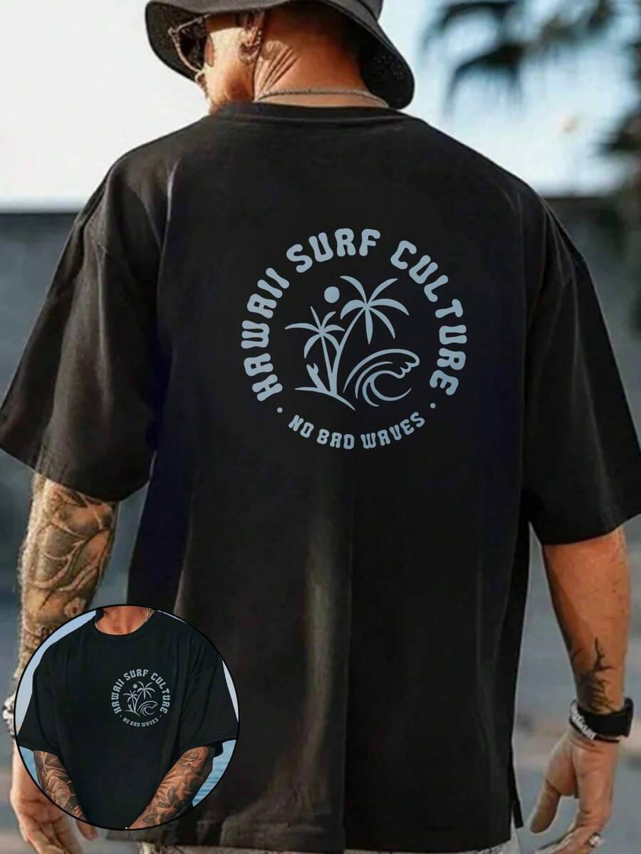 Camiseta con Estampado de la Cultura del Surf de Hawái,% Algodón, 180 g/², Cuello Redondo, Transpirable, Corte Regular, para Vacaciones de Verano en la Playa - Negro - Ver 1