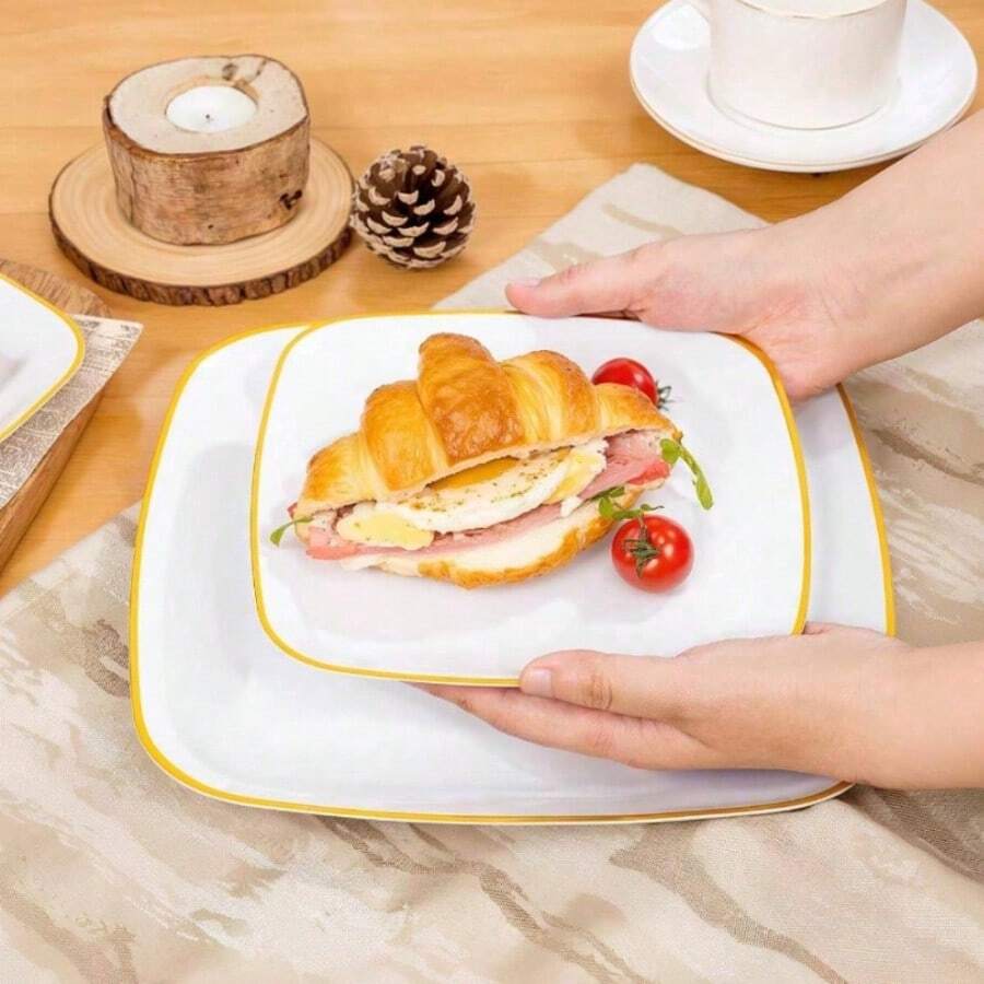 10pcs Square Gold Rim Plates Dinner Plates Salad Plates - Square Gold Heavy Duty - Includes 10pcs 10.25 Inch Plates Or 10pcs 7.5 Inch Plates, Dinner Dessert Plates Party Wedding Essential - White - View 1