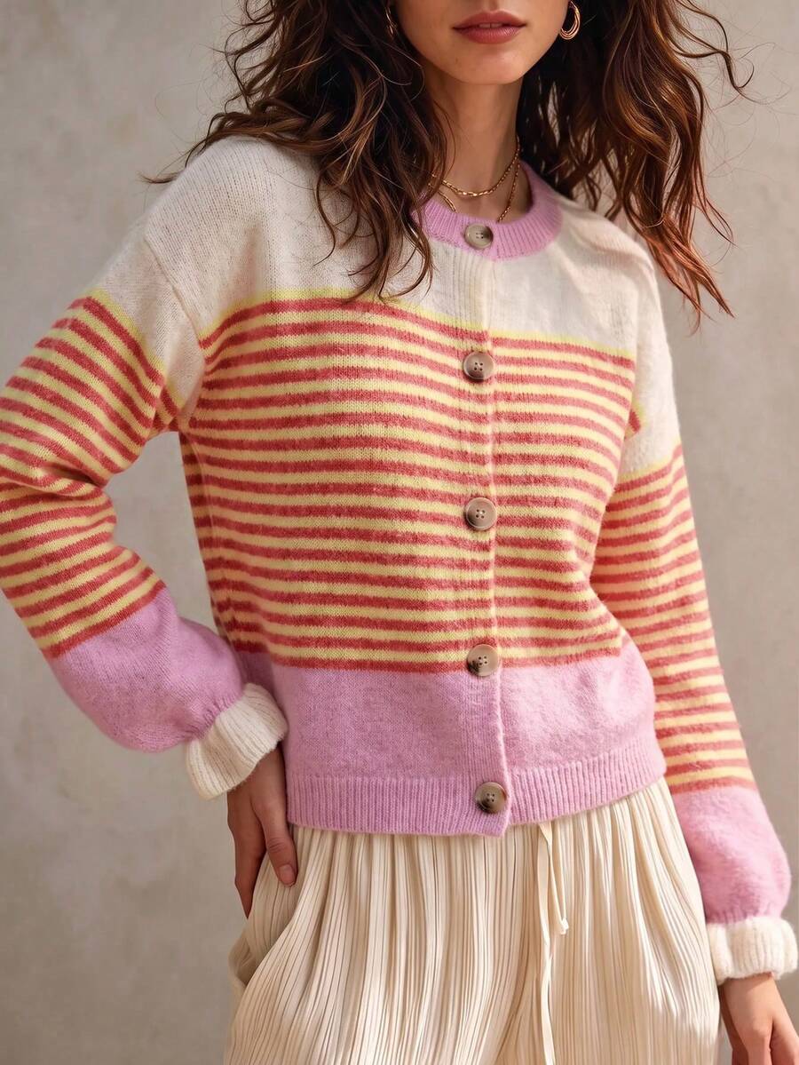 女款休閒秋冬條紋拼接針織開襟衫，長袖圓領前扣裝飾荷葉邊下擺針織外套 - 彩色 - 查看 1