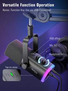 FIFINE AM8T Gaming USB/XLR Dynamic Microphone Kit With Boom Arm Stand, Headphone Jack, Mute Button, RGB Lighting, Suitable For Streaming, Recording, Podcasting, Video On PC - Black - View 7