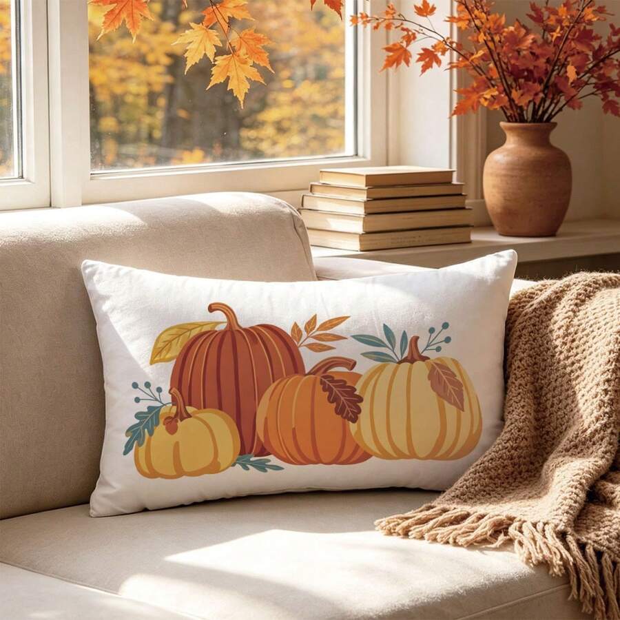 1pc Minimalist Autumn Watercolor Pumpkin Pillowcase, Skin-Friendly Peach Skin Velvet Material, Single-Sided Print 30*50/40*60CM, Suitable For Home Living Room Bedroom Sofa Decoration Cushion Cover, Autumn Harvest Pumpkin Theme Holiday Gift, No Pillow Insert - Multicolor - View 1