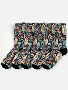 Cool 360° Printed Men's Socks, Street Style Floral Skull Vintage Gothic Colorful Fun Socks, Suitable For Daily, Holiday And Party Occasions - Black - View 5